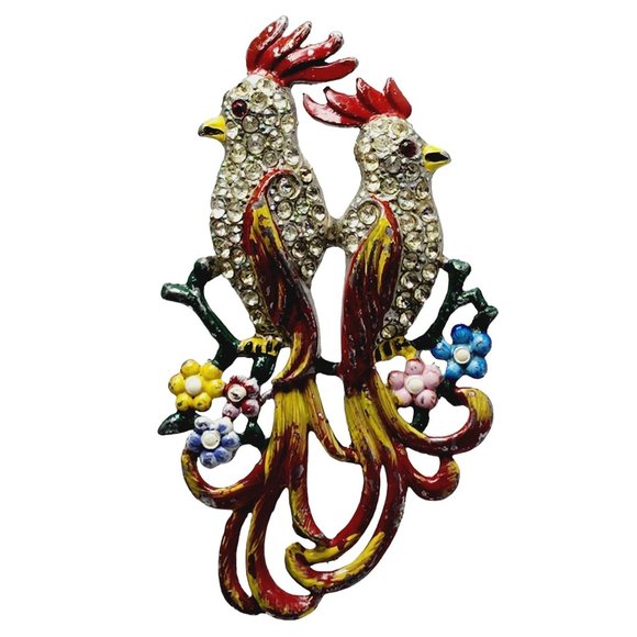 Vintage Huge Enameled Rhinestone Double Parrot Brooch (A1375)